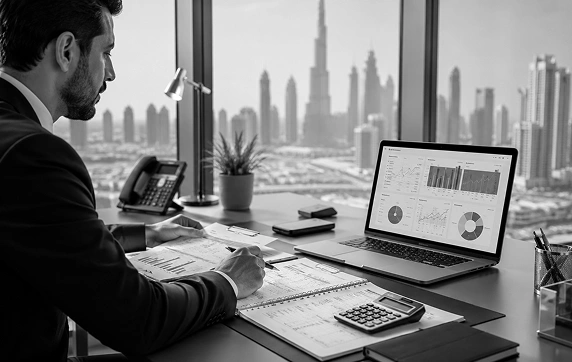 Asset manager reviewing consolidated financial reports for a Dubai property portfolio