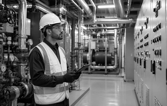 MEP engineer inspecting mechanical plant room equipment in a Dubai building
