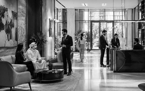 Corporate tenants meeting in a premium Dubai building lobby